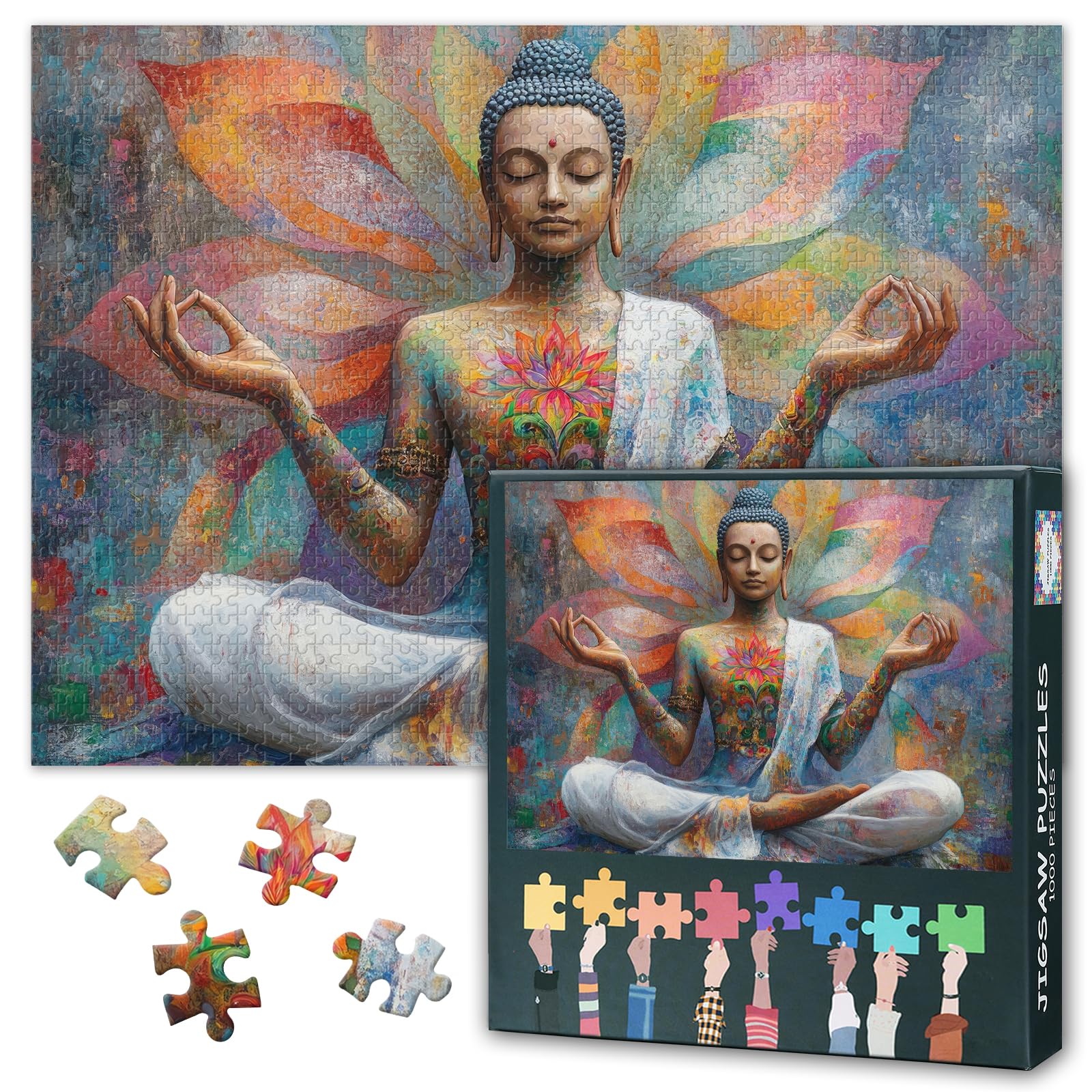 Buddha Jigsaw Puzzles Home Wall Decoration Colorful Lotus Flower 1000 Piece Puzzle for Adults Funny Challenging Suitable for Game Nights Challenging Family Game Finished Size: 70x50cm — image 1