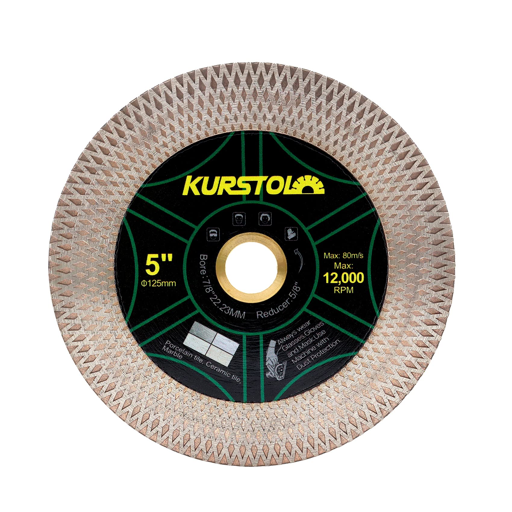 KURSTOL Diamond Tile Cutting Disc - 5"/125mm Dual-Purpose Diamond Cutting Wheel, Arbor 22.23-15.875mm Angel Grinder for Cutting and Grinding Ceramic Tiles,Porcelain,Granite,Marble