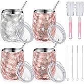 4 Set Bling Water Bottles 12 oz Bling Wine Tumbler Stainless Steel Diamond Rhinestone Cups with Lids Straws Cleaning Brush Glitter Cups for Women Wedding Bridal Shower Gifts Favors(Multicolored)