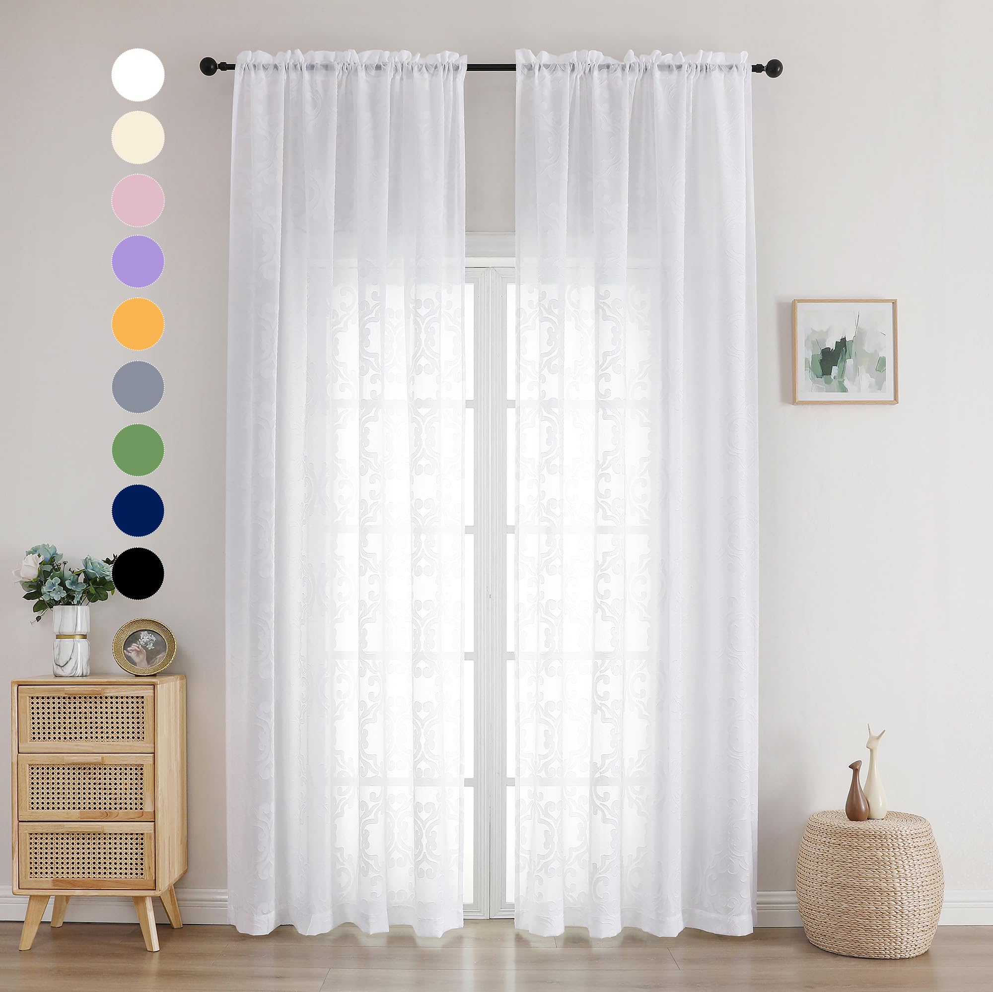 Photo 1 of Aiyufeng Sheer White Curtains 108 Inches Long for Extra Long Curtains, Soft Airy Light Filtering 3D Floral Clip Jacquard Semi Sheer Curtains for Bedroom Living Room, Dual Rod Pocket, 54Wx108L Inch