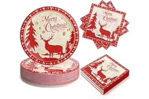 UVTQSSP 100 PCS Christmas Paper Plates and Napkins, Red Merry Christmas Reindeer 9 Inch Party Paper Plates and Napkins, Disposable Tableware Sets, Serve for 50 Guests