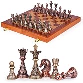 Vintage 15 Inch Metal Chess Set, Large Folding Wooden Chess Board with Storage, Premium Antique Metal Chess Pieces, Luxury Retro Strategy Board Game for Adults &amp; Collectors
