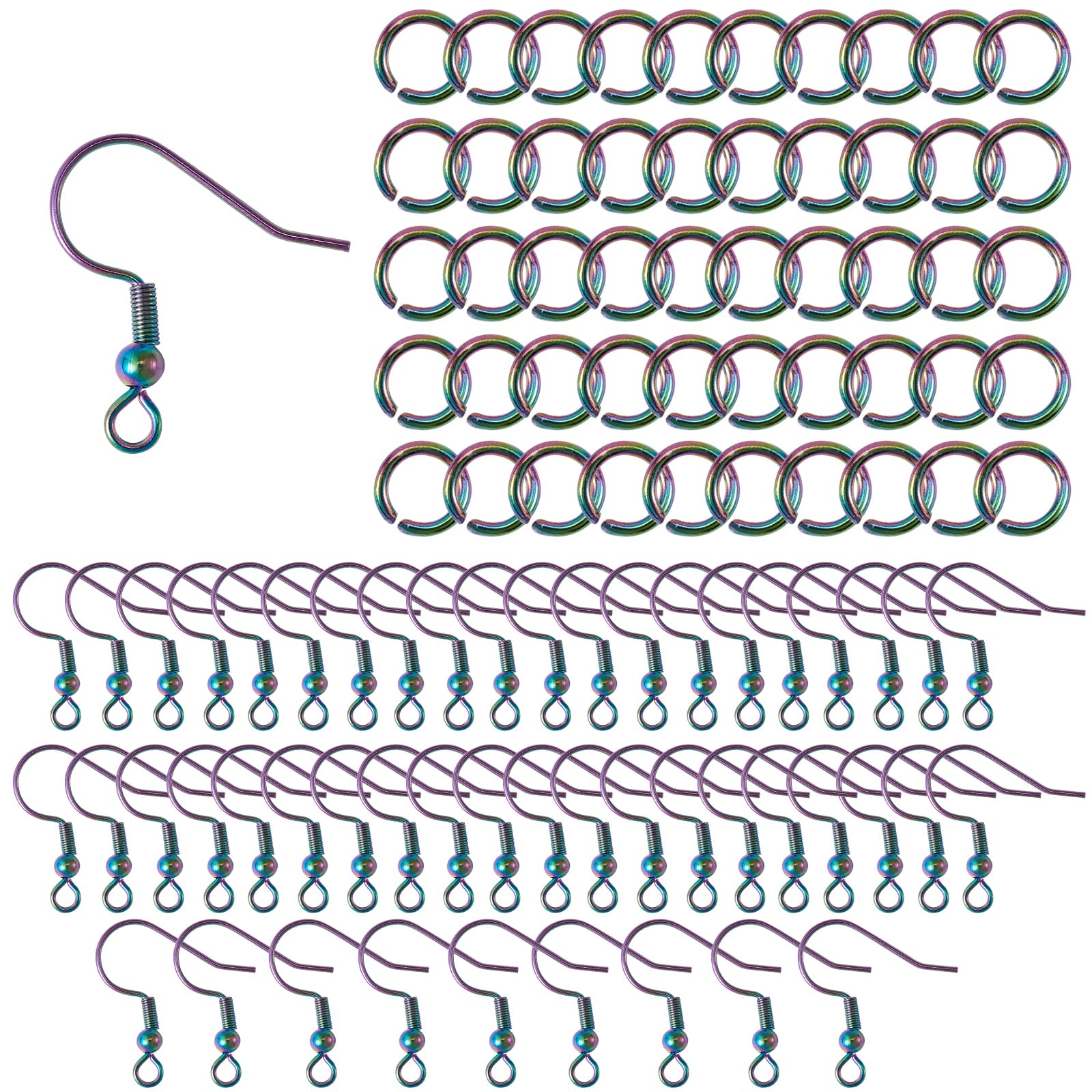 COGCHARGER Stainless Steel Earring Hooks,50pcs Rainbow Color Earring Hooks Ear Wires Fish Hooks Hypo-allergenic and 50pcs Open Jump Rings Multi-color for DIY Earring Making