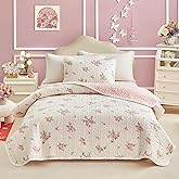 Joyreap Twin Size Quilt Set for Girls, Floral Pink n White Design, 2pcs Soft n Cozy Microfiber Quilt, Bedspread Bed Cover for All Season- 68x88 inches