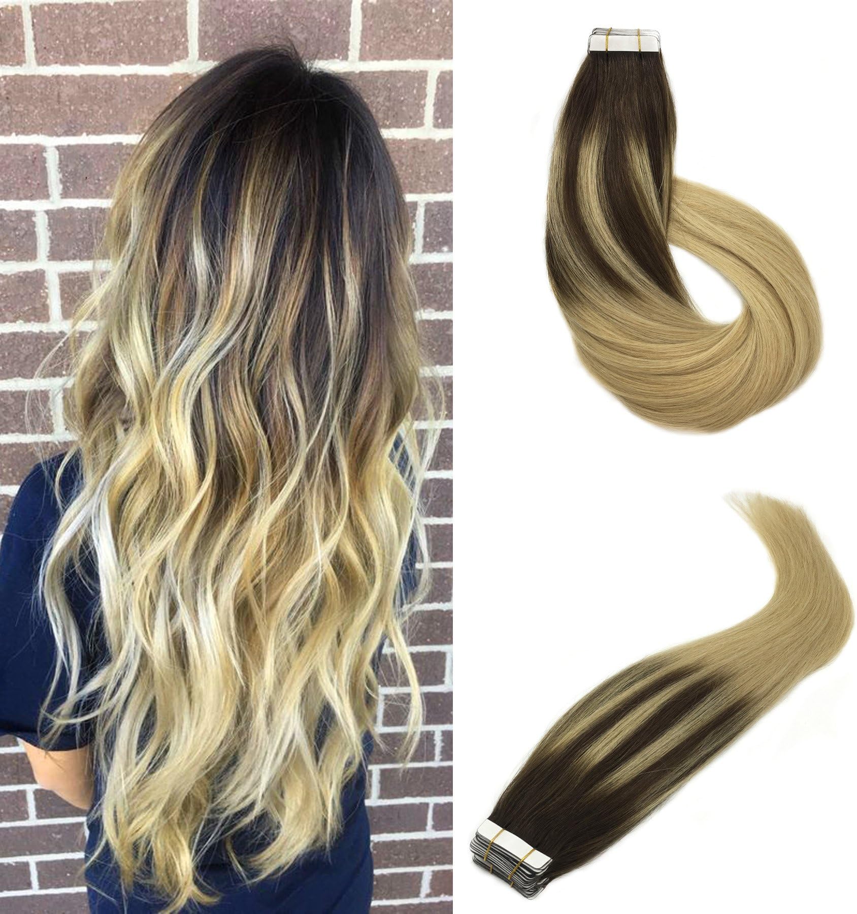 Doores Remy Tape In Human Hair Extensions Brown And Blonde Balayage Ombre Hair Colour #4 Fade to #613 Blonde Tape In Hair Extensions 50g 20Pcs 20inch