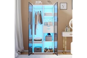 Lvifur 71” LED Armoire Wardrobe Closet with Hanging Rod, Auto Sensor Wardrobe Cabinet with Dimmable Lights, Wooden Closet for Bedroom with Drawers and Adjustable Shelves (White)