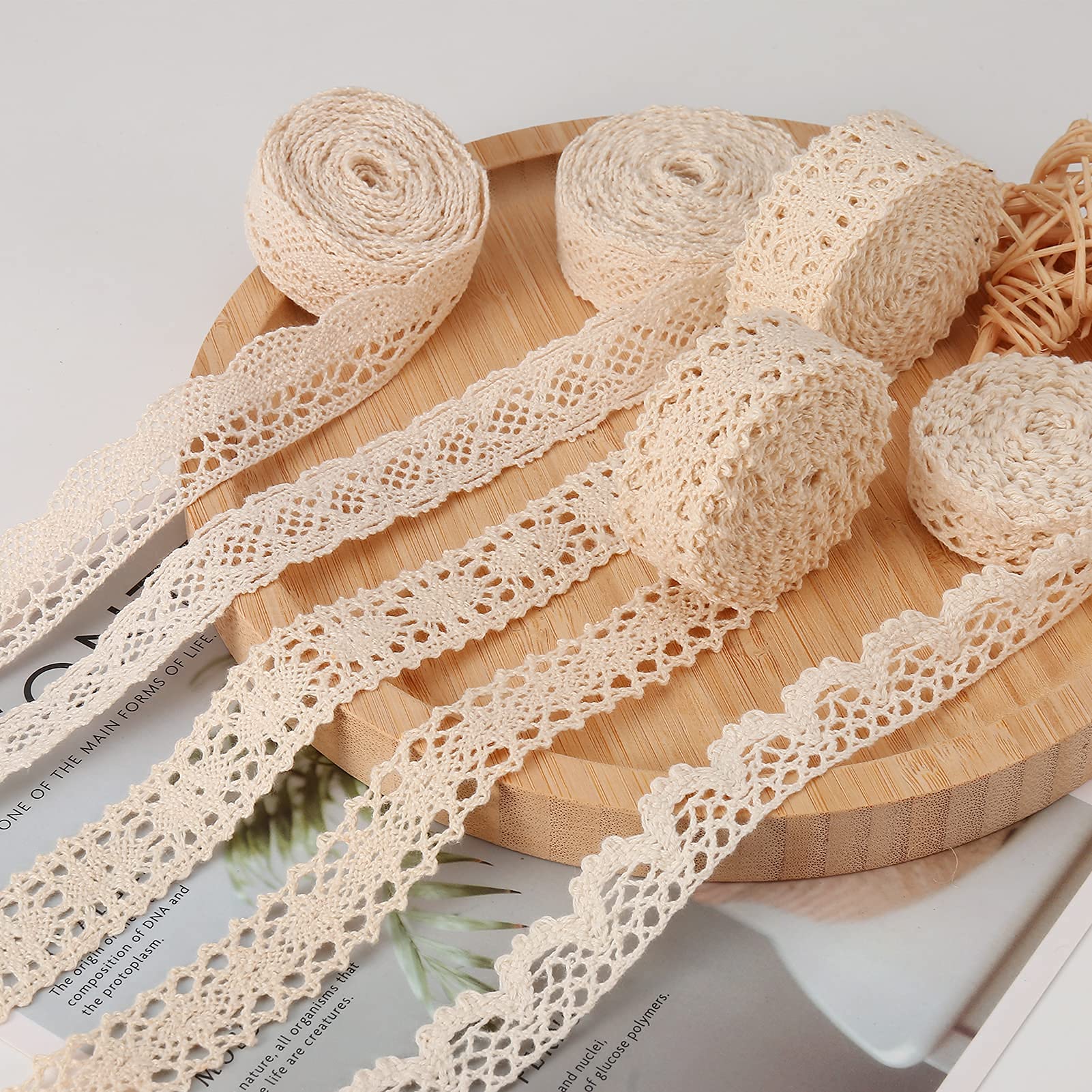 HERZWILD Lace Ribbon Cotton 30 m Beige Trim Vintage Decorative Crochet Fabric for Sewing Crafts Wedding Decoration