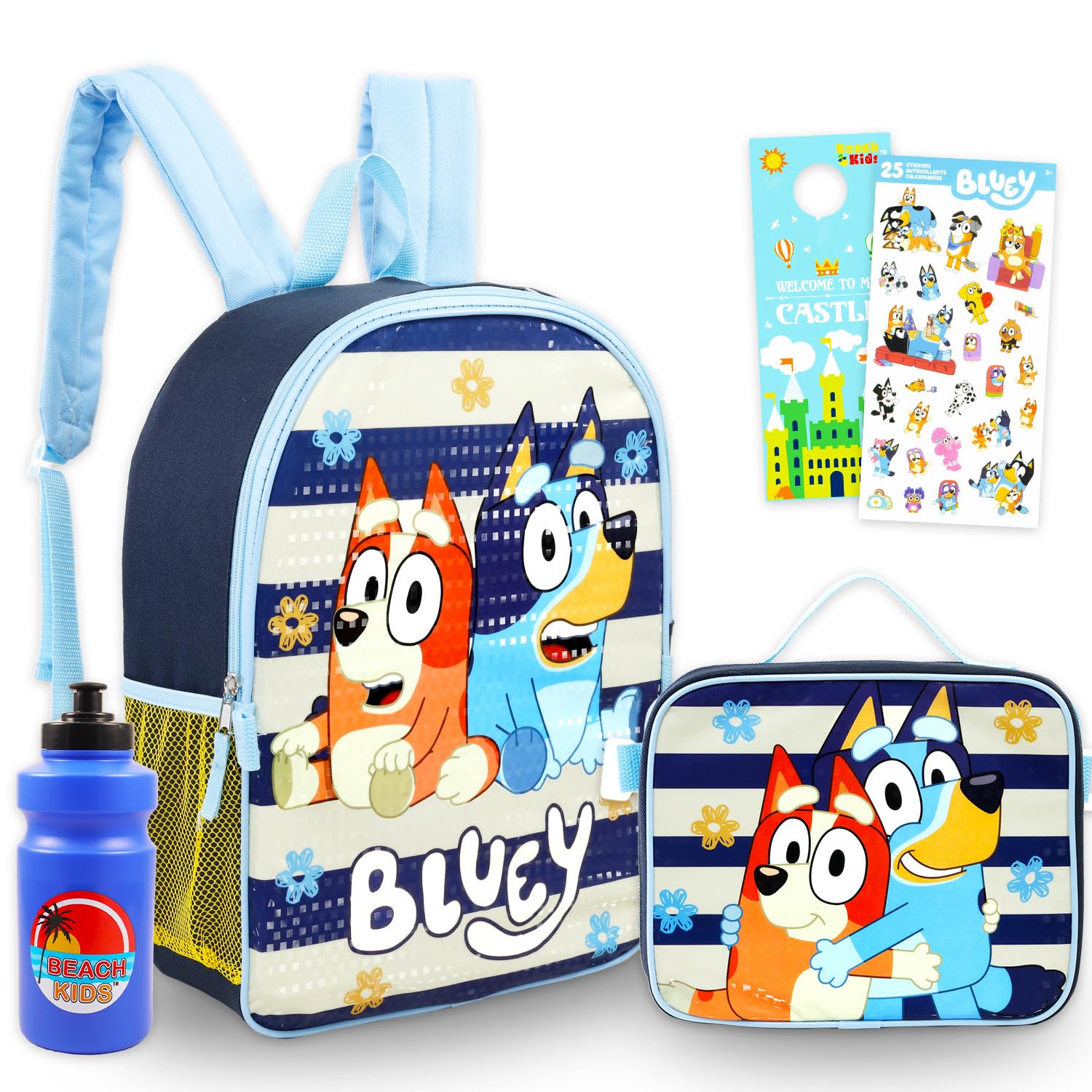 Photo 1 of Bluey Backpack and Lunch Box Set - Bundle with 15" Bag, Lunch Box, Bottle, Stickers, More | Bluey & Bingo School Supplies (Multicolor Blue White Stripes)