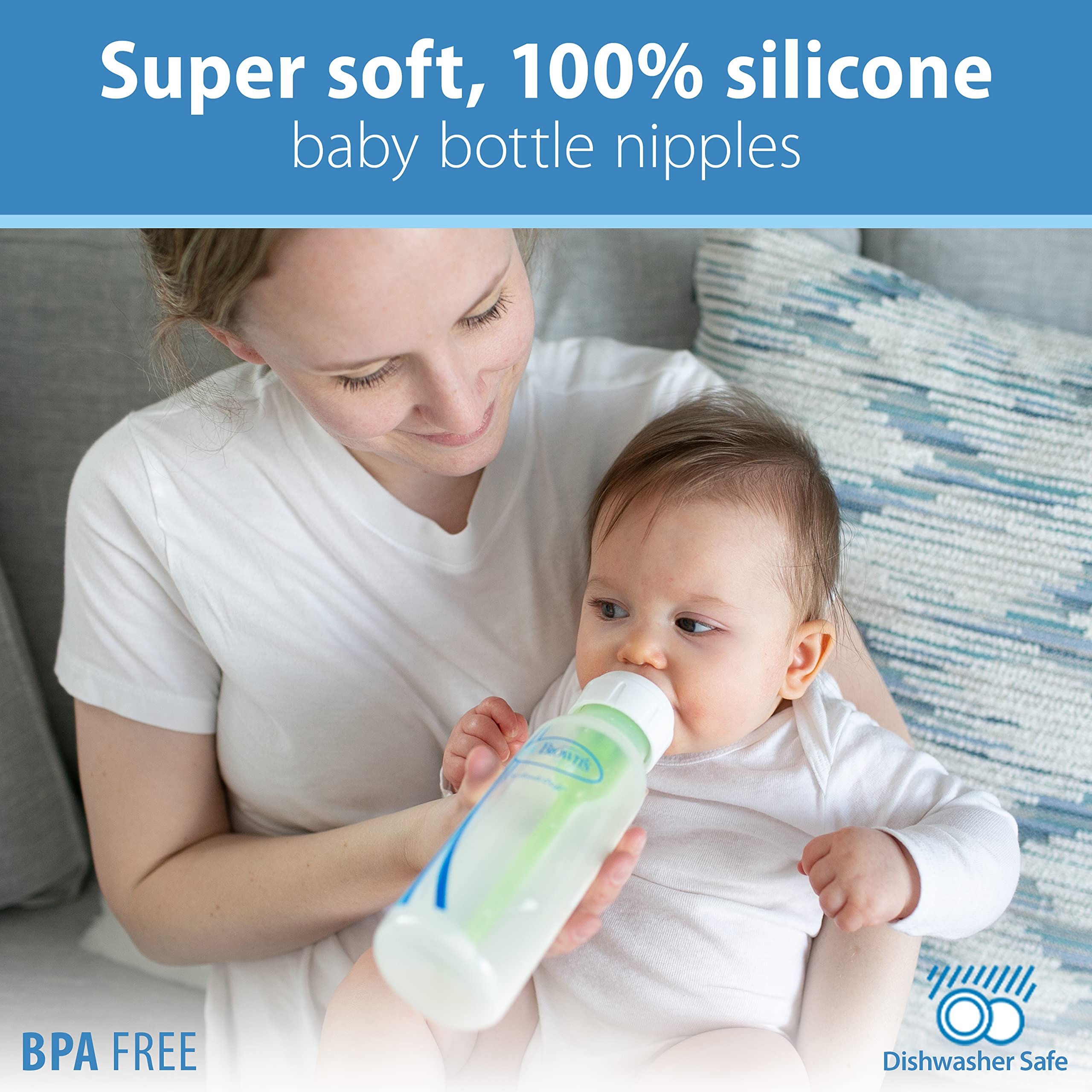 Dr. Brown’s Natural Flow Level 3 Narrow Baby Bottle Silicone Nipple, Medium-Fast Flow, 6m+, 100% Silicone Bottle Nipple, 6 Pack