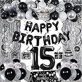 Black and Silver 15th Birthday Decorations for Boys Girls, Black and White 15th Birthday Party Decorations for Boys Girls, Black Silver Happy Birthday Banner Balloons Fringe Curtains Table Cloths