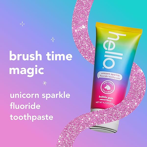HELLO UNICORN SPARKLE KIDS TOOTHPASTE WITH FLUORIDE, BUBBLE GUM TOOTHPASTE, 4.2 OZ TUBE (PACK OF 3)