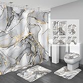 BayNook 4PCS Grey Marble Bathroom Sets with Shower Curtain and Rugs, Abstract Shower Curtain Sets with Rugs, Gold Bathroom Curtains Shower Set with Toilet Lid Cover Accessories