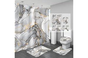 BayNook 4PCS Grey Marble Bathroom Sets with Shower Curtain and Rugs, Abstract Shower Curtain Sets with Rugs, Gold Bathroom Curtains Shower Set with Toilet Lid Cover Accessories