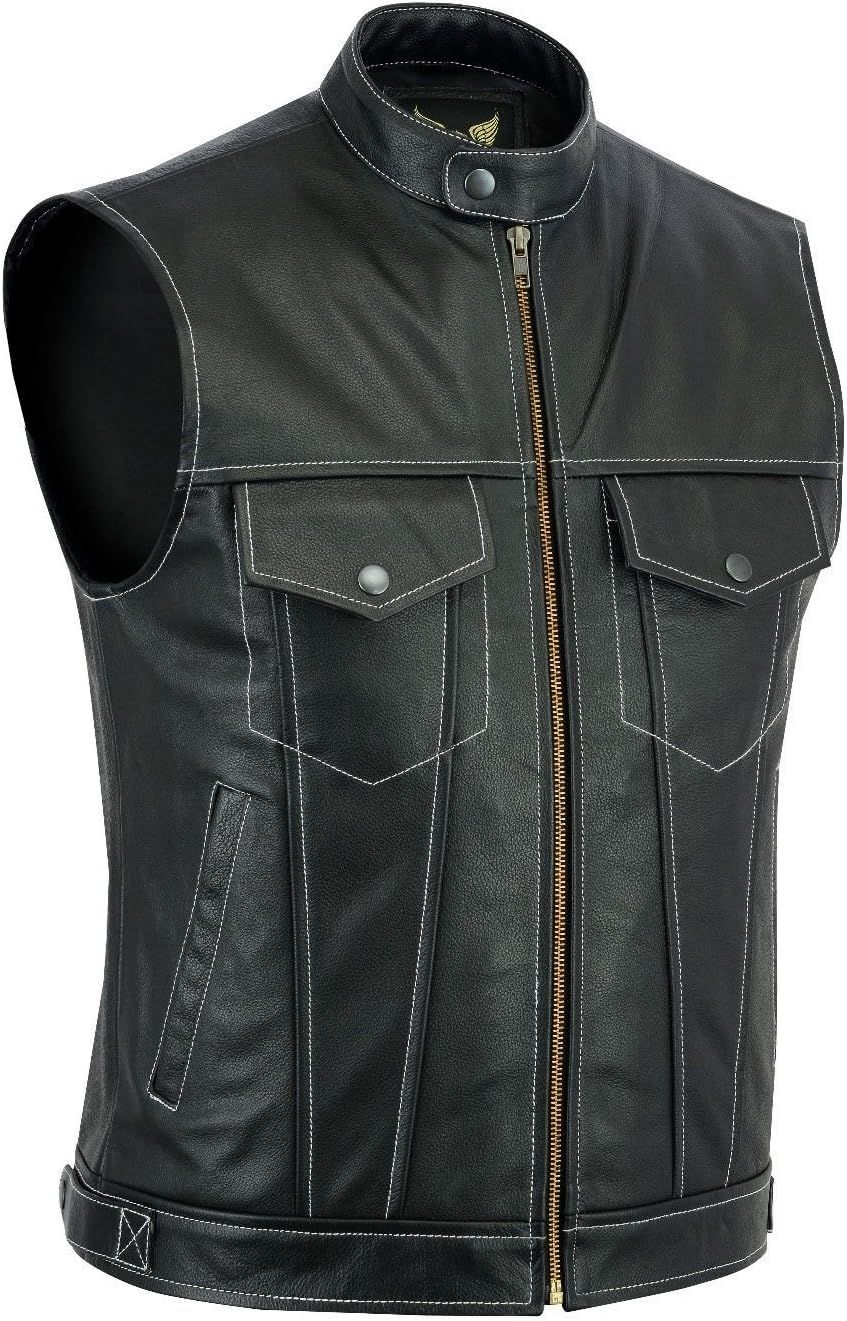 Leatherick Men's SOA Sons of Anarchy Leather Waistcoat Trucker Style Real Topgrain Cowhide Leather Biker Cut