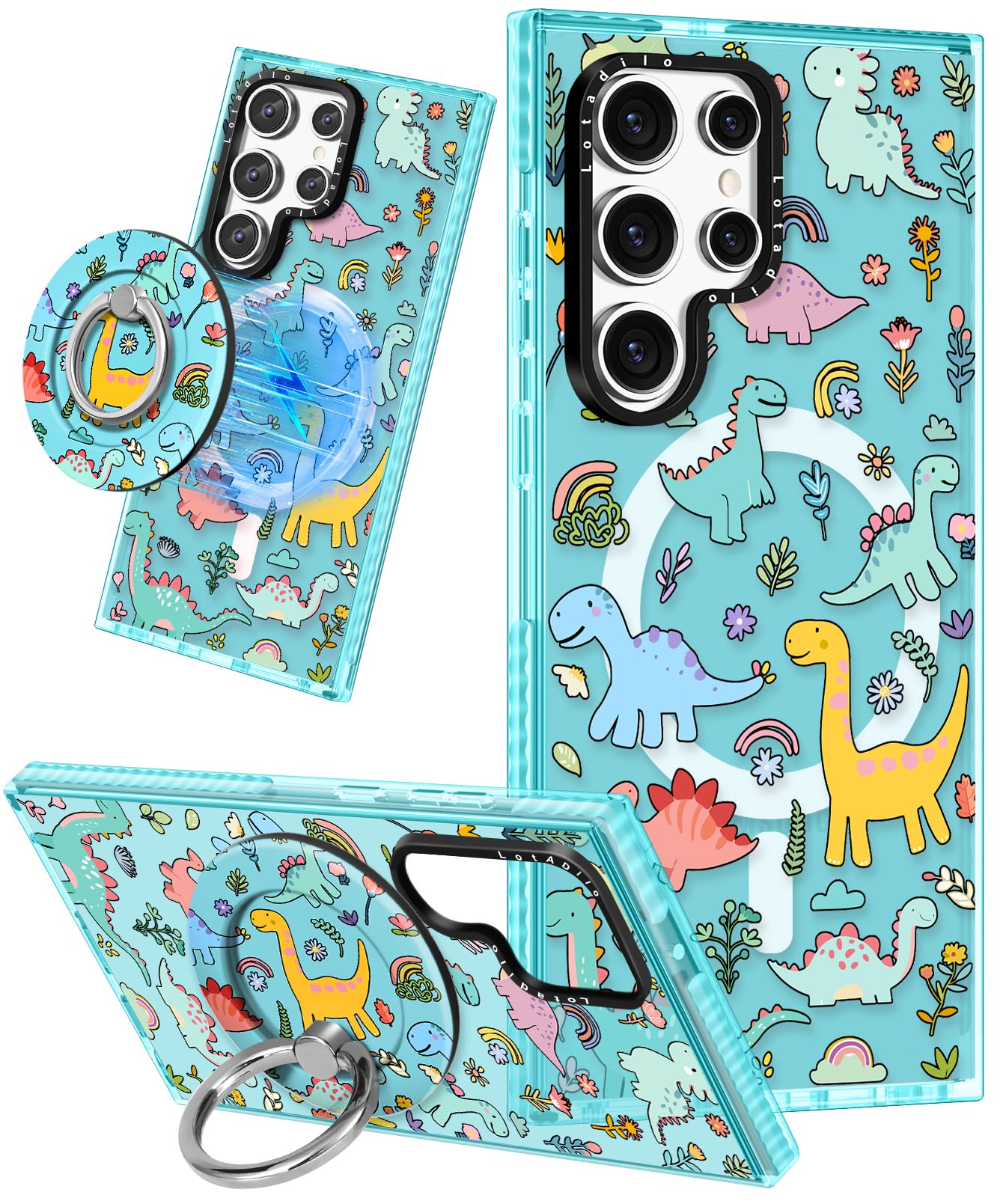 Lotadilo Cute Case for Samsung Galaxy S22 Ultra for Women Girls - Funny Design Compatible with Magsafe Magnetic Ring Holder Kickstand Art Dinosaur Fashion Pattern TPU Phone Covers