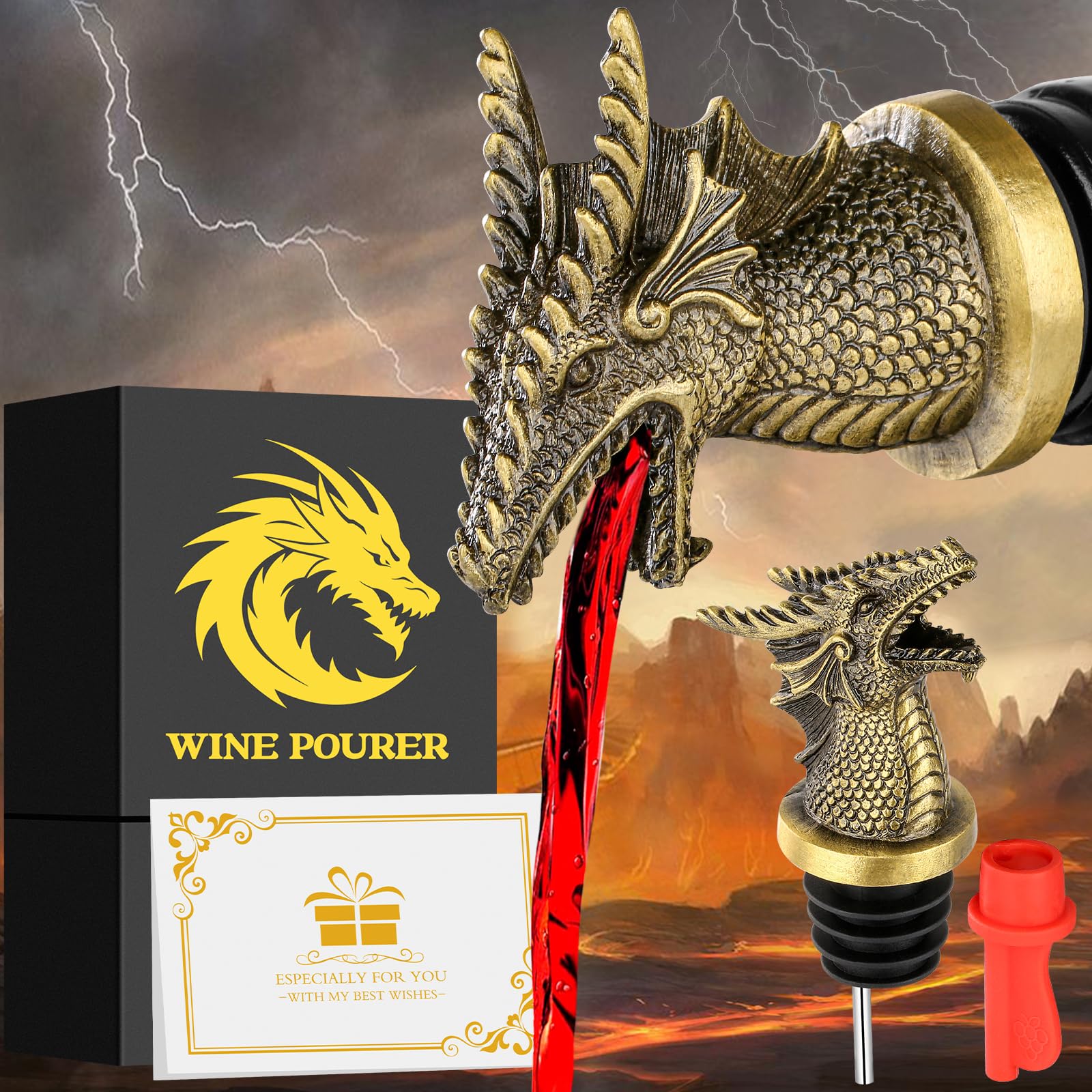 Dragon Head 2-in-1 Wine Bottle Pourer and Stopper, Dragon Gifts for Men Women Dragons Fans, Liquor Bottle Pourers Spout for Alcohol Spirits, Wine Accessories Gifts, Bronze