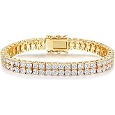 Gemsme 2 Rows Tennis Bracelets for Women Men - 18K Yellow Gold Plated 3mm Round Cut Cubic Zirconia Classic Tennis Bracelet, Size 6.5-8.5 Inch