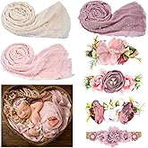 Buryeah 7 Pcs Baby Photoshoot Props Wrap Kit Includes 3 Pcs 66.9 x 35.4'' Newborn Photography Props 4 Pcs Baby Flower Headband Photo Supplies for Boy Girl Infant Toddler
