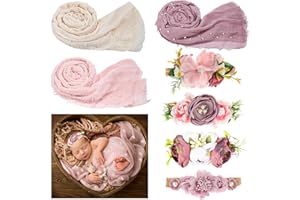 Buryeah 7 Pcs Baby Photoshoot Props Wrap Kit Includes 3 Pcs 66.9 x 35.4'' Newborn Photography Props 4 Pcs Baby Flower Headband Photo Supplies for Boy Girl Infant Toddler