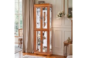 CKEASEAN Lighted Curio Cabinet 71" Vintage Glass Display Case with 6 Adjustable Shelves, 4 Tempered Glass Doors, Bulb Included, Wine Bar China Cabinet with Arched Bottom for Living Room (Dark Oak)