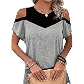 Hilinker Women's Cut Out Cold Shoulder Tops Summer Color Block Short Sleeve Sexy Shirts
