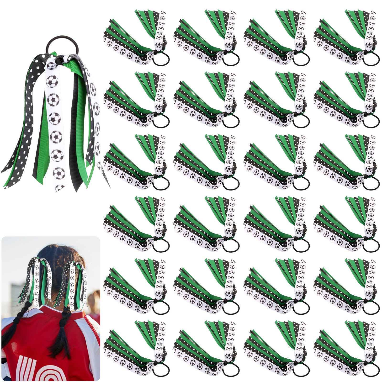 Photo 1 of 24 Pcs Soccer Hair Accessories for Girls, Holder Streamer Elastics, Soccer Hair Ties, Soccer Ribbon,Soccer Scrunchies for Girls Ponytail Holder Scrunchies Gifts (Green, 24 Count (Soccer))