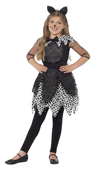 Smiffys Kinder Mädchen Midnight Katze Deluxe Kostüm, Kleid, Schwanz und Haarreif, Größe: M, 44287