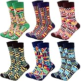 Sureio 6 Pairs African Ethnic Kente Cloth Socks for Men Novelty Black History Month Gift Kente Tribal Print Dress Crew Socks for African American Men