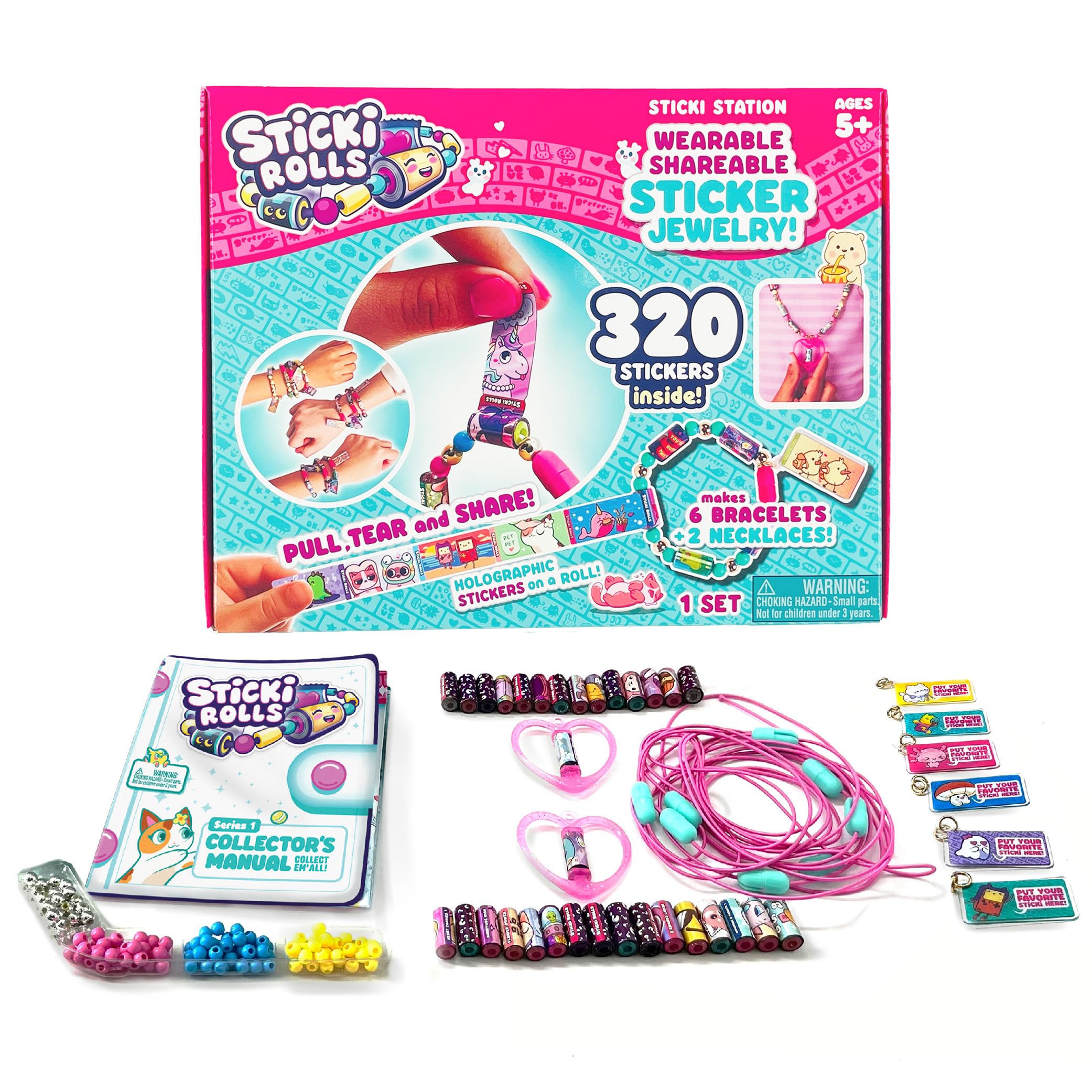 Sticki Station - Ultimate DIY Sticker Jewelry Kit | Includes 320 Mini Stickers | Builds 6 Bracelets & 2 Necklaces | 2 Pendants & 144 Beads | Over 1000 Designs to Collect! (Series 1)