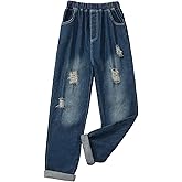 Seechoslo Tween Girls 8-12Y New Ripped Jeans Elastic Waist Pull On 100% Cotton Relaxed Fit Pants
