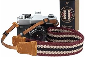 Padwa Lifestyle Stripes Camera Strap - 1.5" Soft Cotton Rope Weave Crazy Horse Cowhide Head Shoulder Neck Straps for Photographers and All Cameras,Cute Adjustable Vintage Woven Strap for Adults & Kids
