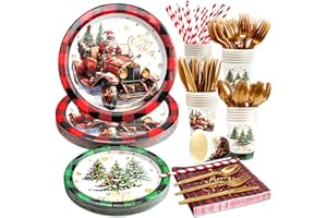 Kalolary 192Pcs Christmas Party Supplies Tableware Set, Christmas Paper Plates and Napkins Sets Red Buffalo Plaid Xmas Party 