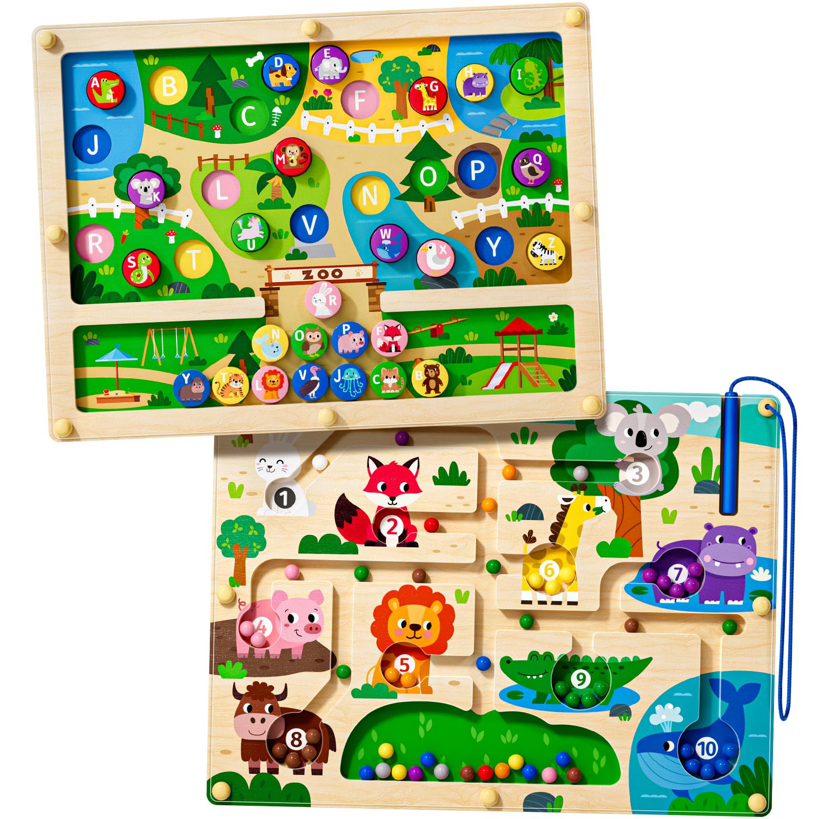 Montessori Toys for Boys and Girls 3-5 Age 2 in 1 Magnetic Color and Number Maze Car Zoo Maze Magnet Alphabet Counting Double Sided Board Wood Puzzle Preschool Toys Gifts (Small Zoo, One Size)