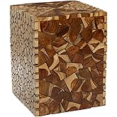 Deco 79 Teak Wood Handmade Side End Accent Table End Table with Mosaic Wood Chip Design, Side Table 14" x 14" x 18", Brown
