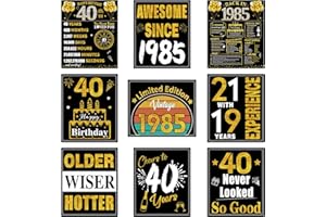 Turypaty 40th Birthday Decorations for Men Women, 9pcs Black Gold Happy 1985 40 Birthday Banner Signs for Walls Doors Windows Yard Garden Party Supplies, Forty Birthday Table Toppers Photo Props Decor