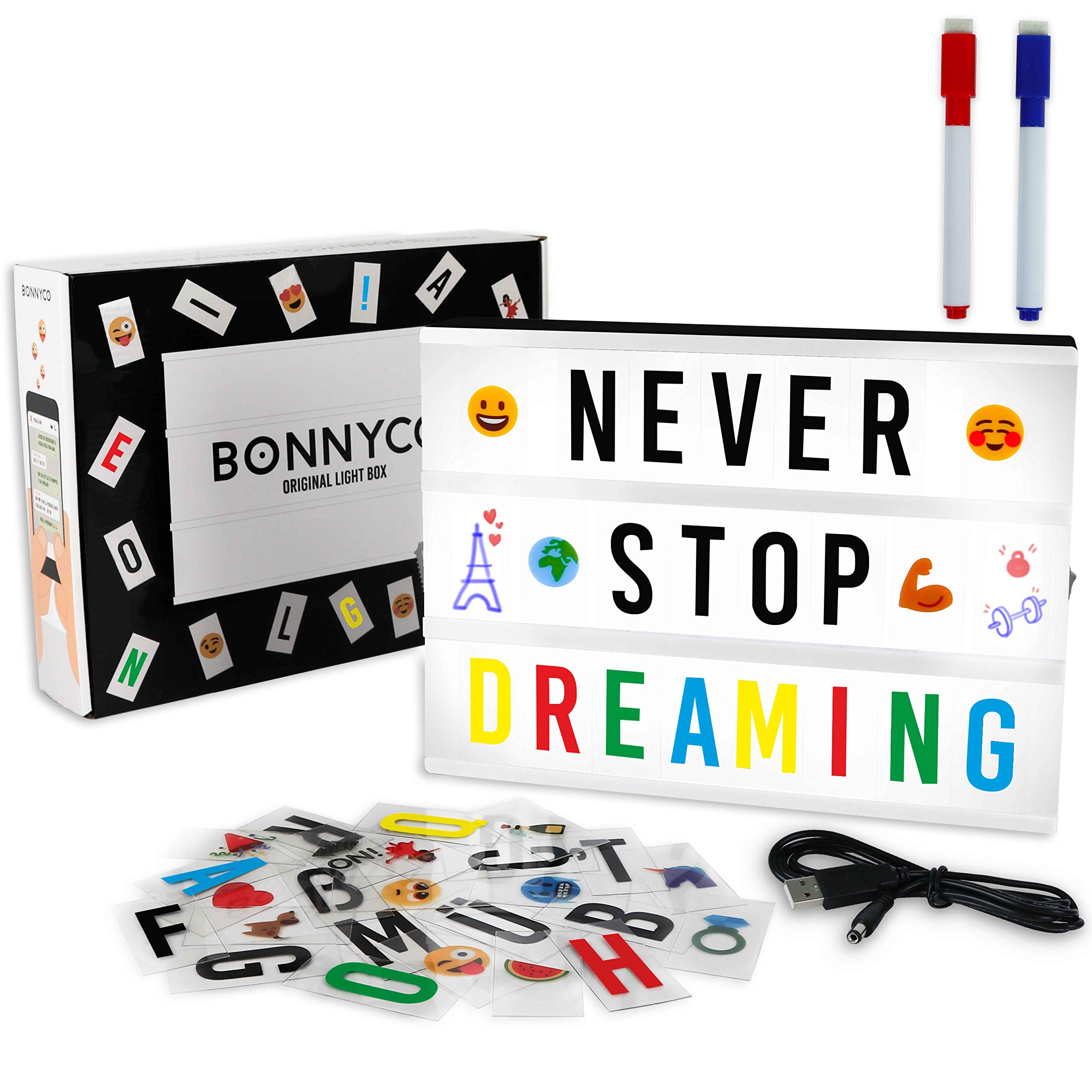 Cinema Light Box with 400 Letters, Symbols, Emojis, 2 Markers, USB - BONNYCO | Led Light Box Home Decor, Room Decor | Cinema Led Sign Letters Board Novelty Gifts Christmas Birthdays | Marquee Lightbox