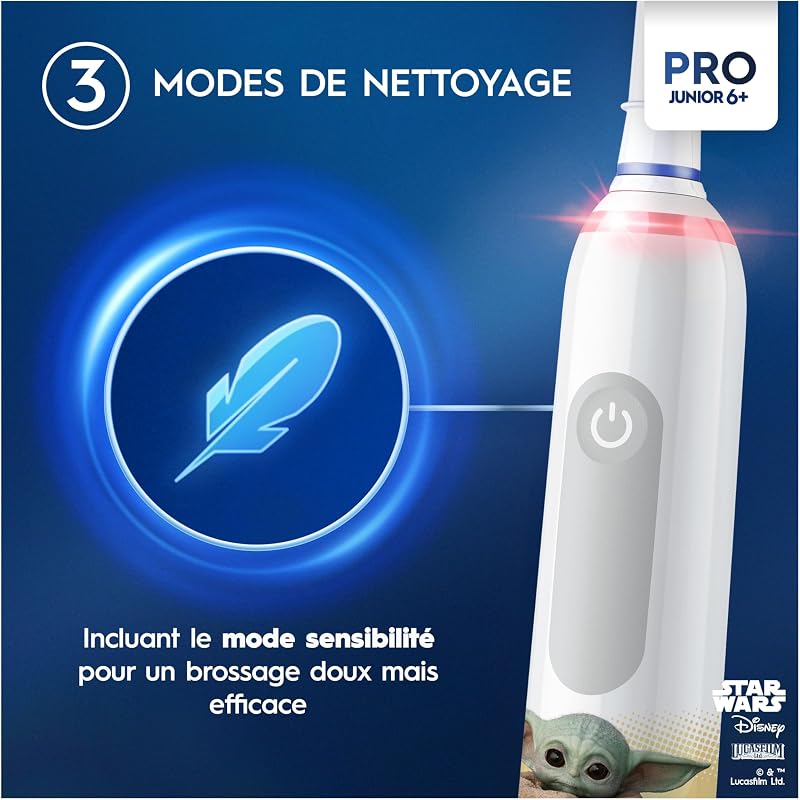 Pro Junior Brosse à Dents Électrique Star Wars Pour Enfants De 6 Ans Et Plus, Brossage Doux, 2 Brossettes Rondes De Recharge, 1 Chargeur, Minuteur et Vibrations, Batterie Rechargeable