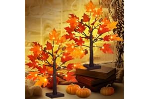 FastDeng 1.5ft Lighted Maple Tree-Artificial Fall Tree Light, Timer 36 LED Warm White Autumn Tabletop Tree Lights Battery Operated for Indoor Fall Harvest Home Decor, Thanksgiving Decorations (2Pack)