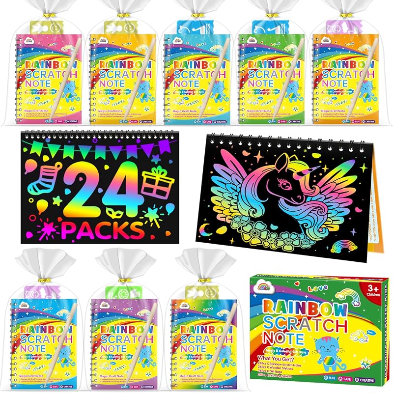 ZMLM 24 Pack Scratch Art Set with Notebooks, Styluses, Stencils & Gift Bags