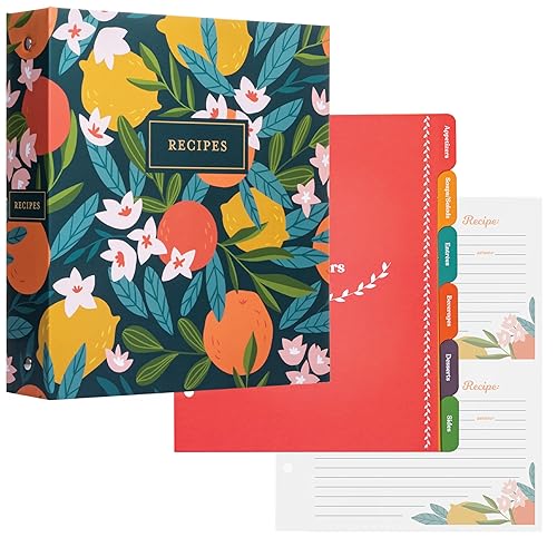 Jot & Mark 8.5" x 9.5" 3 Ring Recipe Binder with 50 Matching 4x6 inch  Recipe Cards, 25 Top & Bottom Binder Sleeve Sheet Protector, 5 Full-Page ...