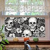 HOMETITUTE Skull Window Film 39.3x17.7 Inch Gothic Flower Window Cling Black White Skull Glass Sticker for Halloween Day of The Dead Removable Static Skull Windows Art Decoration