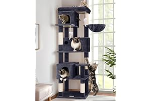 Globlazer Corner Cat Tree 66 inch Multi-Level Climbing Tower Kitty Condos Cat Scratching Tower for Indoor Multiple Cats with Large Platform, 3 Cat Caves, F66, Dark Grey