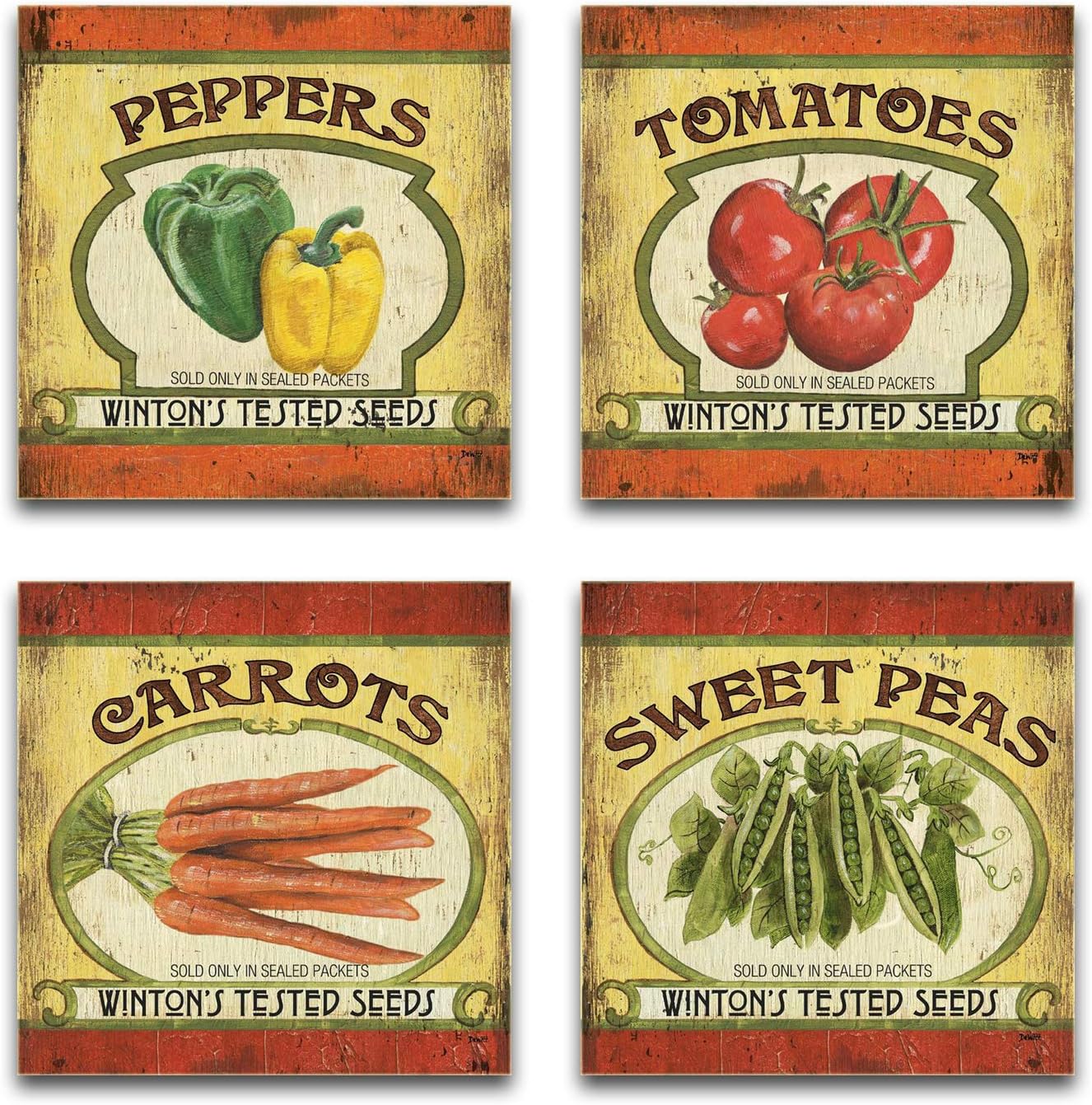 Anna Homey D&eacute;cor Canvas Print Wall Art Vegetables Food Pictures Peppers Carrots Tomatoes Sweet peas Retro Painting Artwork for Restaurant Kitchen Dining Room Wall D&eacute;cor,Framed,Ready for Hang, 4 PCS