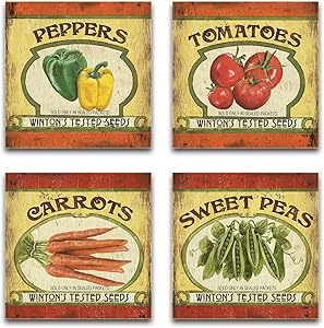 Anna Homey D&eacute;cor Canvas Print Wall Art Vegetables Food Pictures Peppers Carrots Tomatoes Sweet peas Retro Painting Artwork for Restaurant Kitchen Dining Room Wall D&eacute;cor,Framed,Ready for Hang, 4 PCS