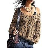 Floerns Women's Leopard Print Off The Shoulder Sweater Fall 2025 Trendy V Neck Loose Casual Long Sleeve Fuzzy Sweater