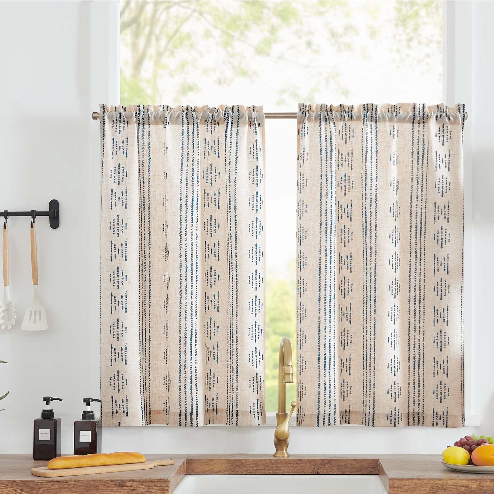 TOPICK Boho Linen Blend Kitchen Curtains 36 Inch Drop Small Cafe Curtains Light Filtering Tier Curtain for Bathroom RV Baset Sink Cupboard Rod Pocket Blue on Beige 2 Panels