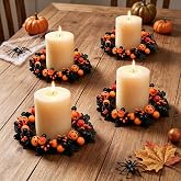 Halloween Candle Rings, 4 Pack Mini Pumpkin Wreaths for Pillar Candles | Black & Orange Berry Accents, Jack O Lantern Details, Spooky Farmhouse Table Centerpieces, Mantel & Lantern Decorations