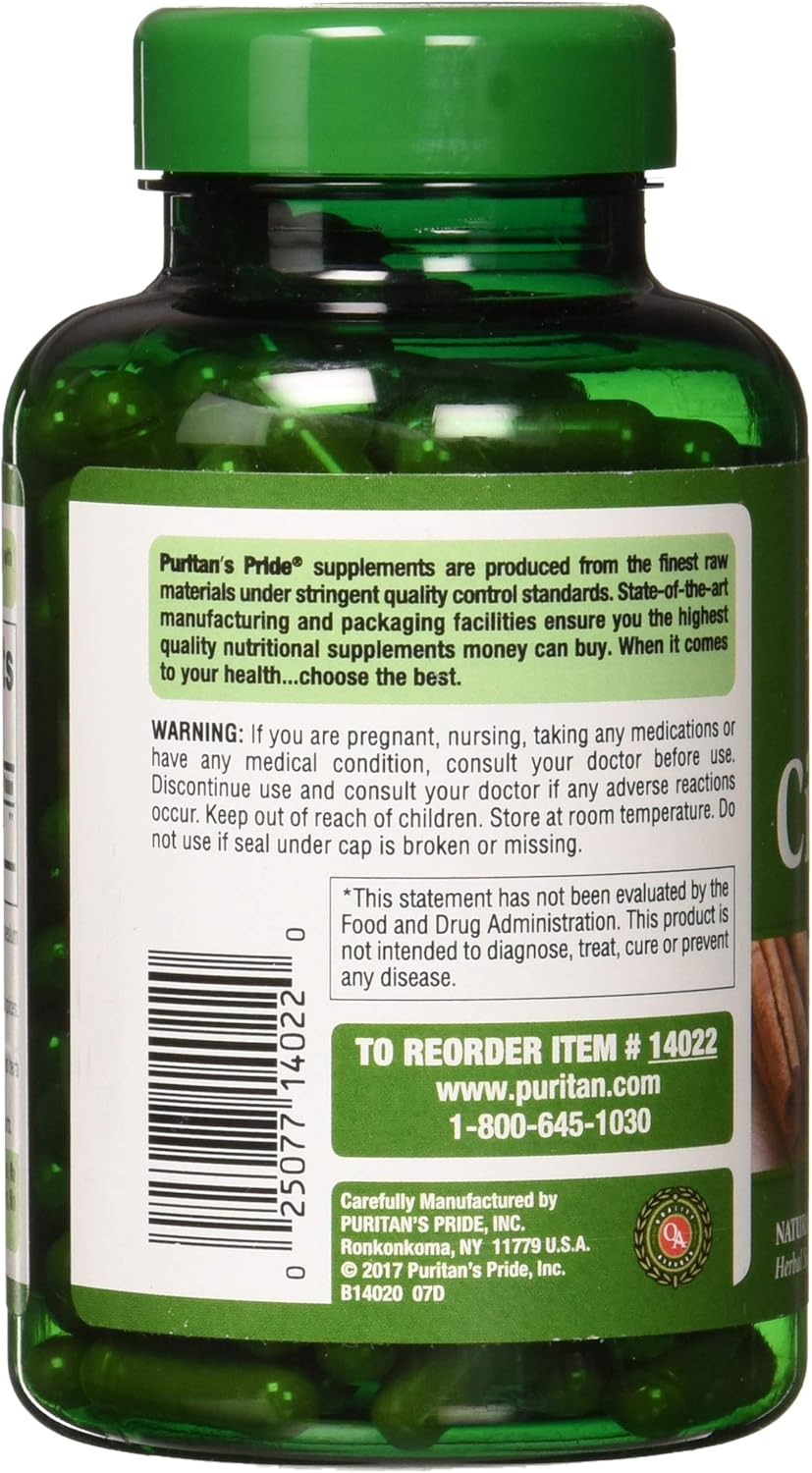 Puritans Pride Cinnamon 500 mg Capsules, 200 Count