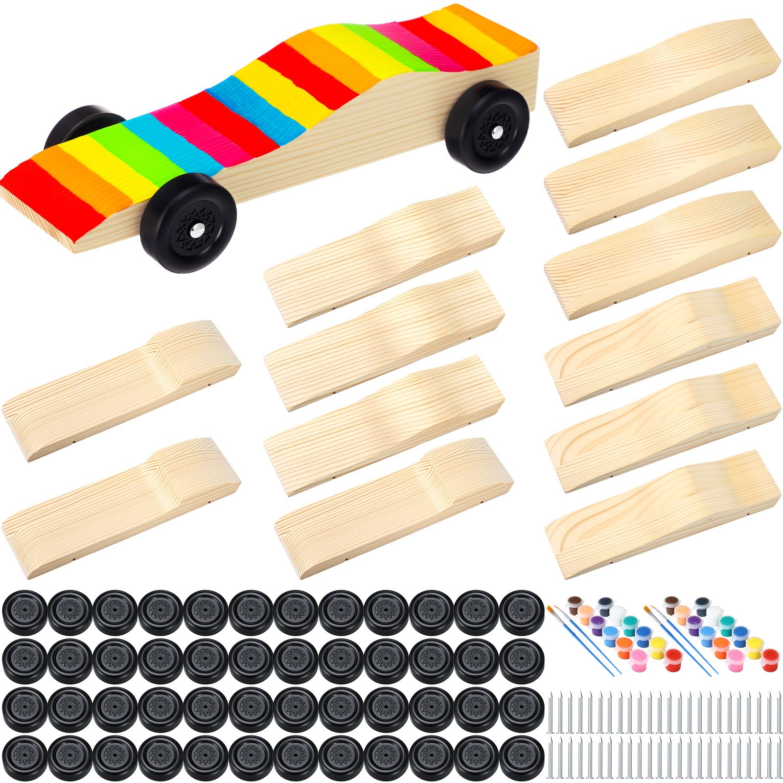 Photo 1 of Novabright 12 Set Derby Car Kits Bulk 4 Style Pre-Shaped Wood Kits with Wheels and Axles Wooden Cars to Paint Unfinished DIY Wooden Car Set for Race Party Birthday Party Favors
