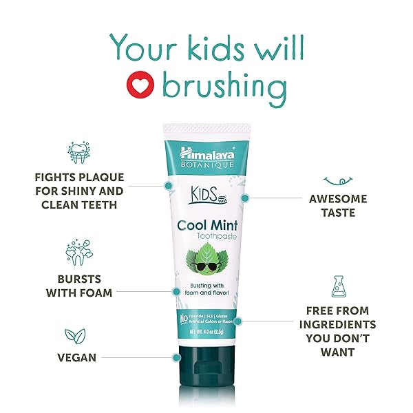 HIMALAYA BOTANIQUE KIDS TOOTHPASTE, COOL MINT, FLUORIDE-FREE, GENTLE, NO ARTIFICIAL COLORS, SLS FREE, GLUTEN FREE, CRUELTY FREE, VEGAN, FOAMING, 4 OZ, 1 PACK…